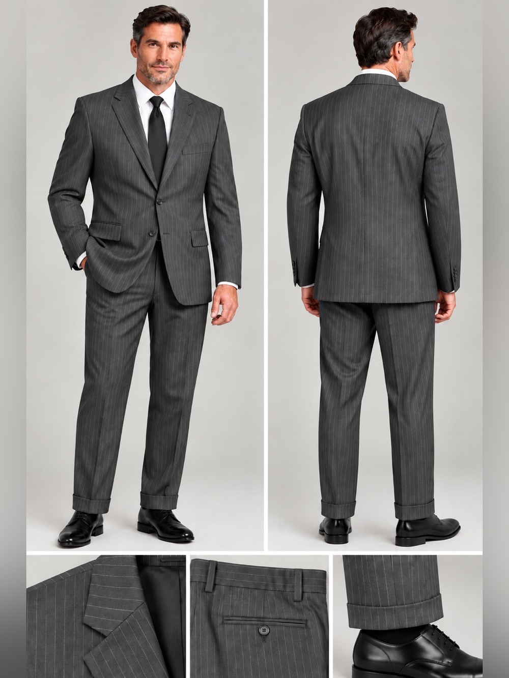 JOS. A. BANK. 46R.2 Pc, Pinstripe Black Suit. 100% Wool. Reg fit. Cuffed pants